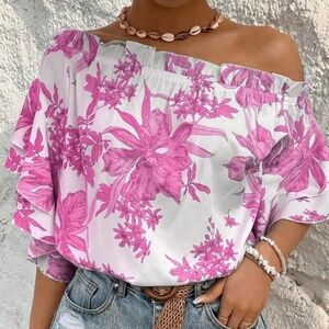 Boho Floral Print Off Shoulder Butterfly Sleeve Blouse